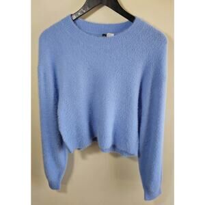 H&M Divided Women’s M Blue Fuzzy Cropped Sweater Soft Knit Long Sleeve Cozy Top